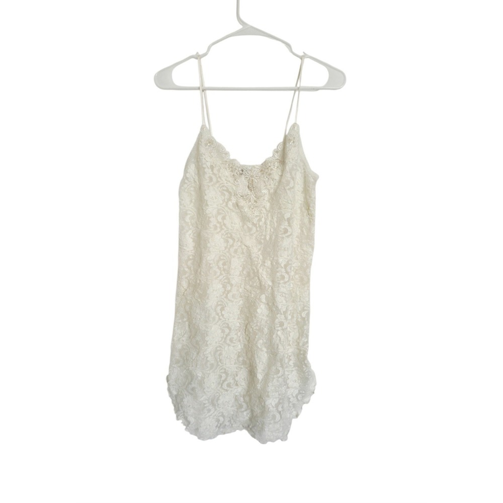 Vintage Ivory Lace Sheer Dress Chemise Nightgown S Nylon Beaded Coquette Fairy